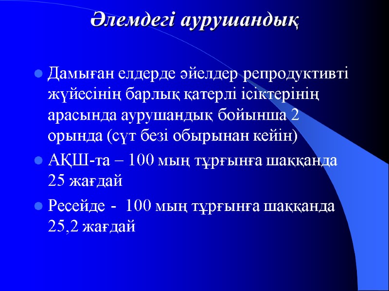 Әлемдегі аурушандық Дамыған елдерде әйелдер репродуктивті жүйесінің барлық қатерлі ісіктерінің арасында аурушандық бойынша 2